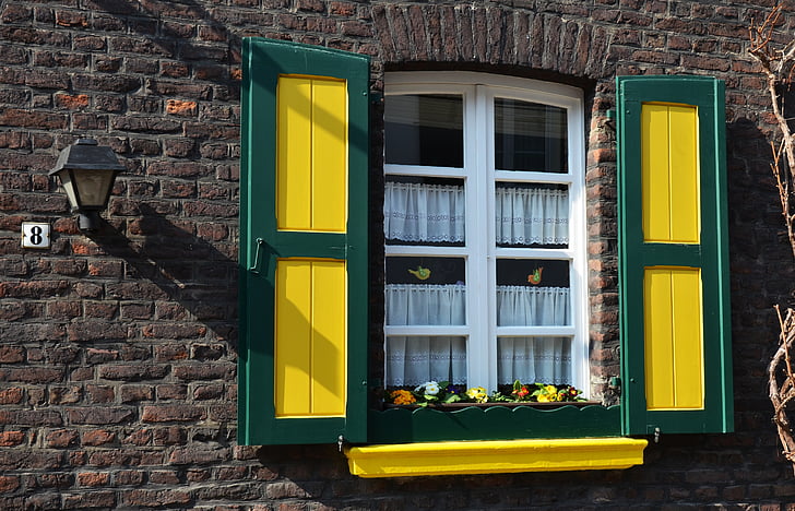 ablak, épület, homlokzat, sárga, zöld, kor, építészet
