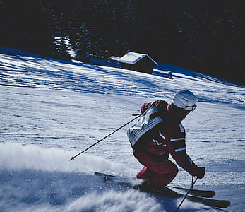 person, red, gray, suit, ski, snow, field