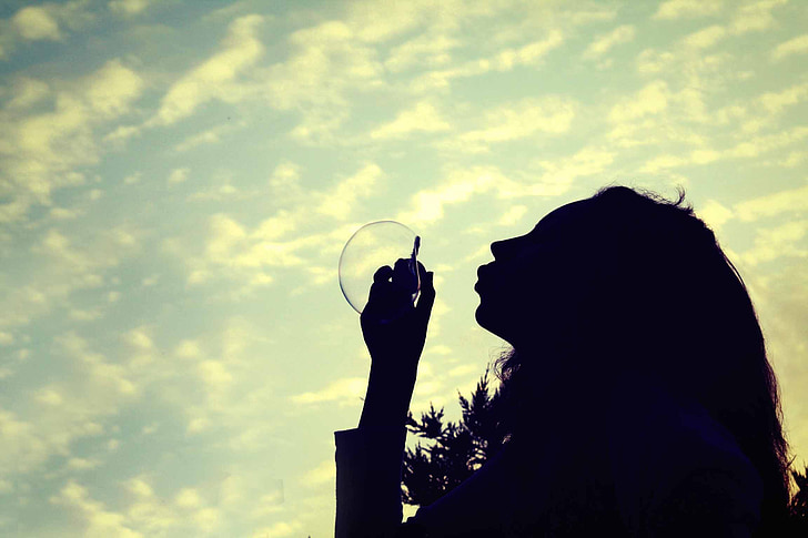 girl, bubble, daydream, sky, cloud, clouds, outdoors
