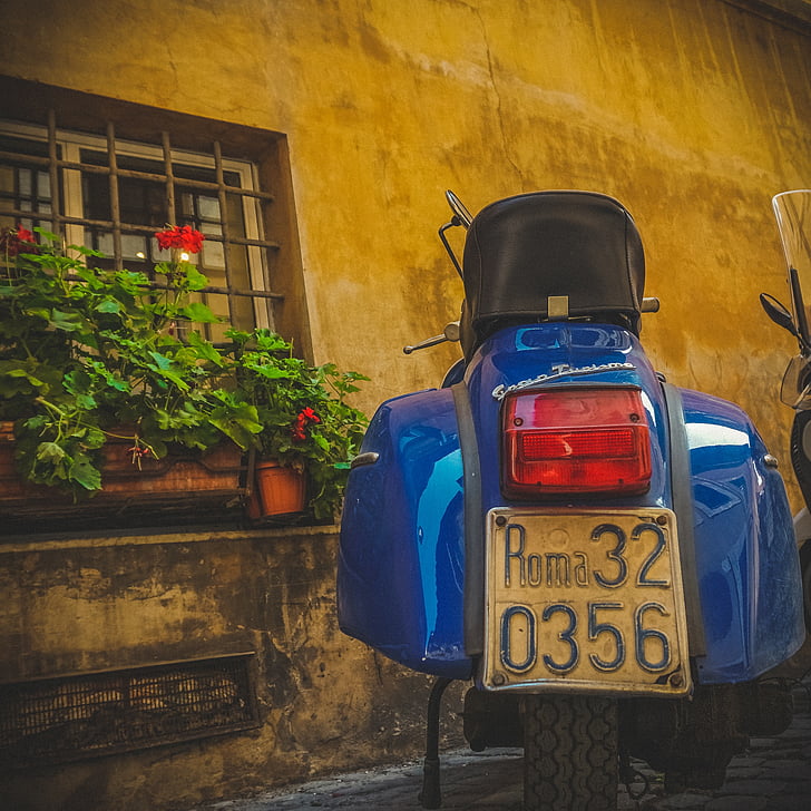 window, italy, motorcycles, rome, park, blue, yellow wall
