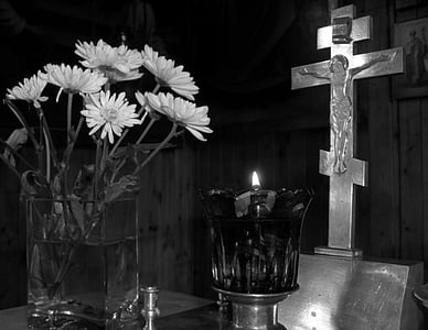 Croix, lamukka, flamme, fleur, bouquets de, feu, crucifix