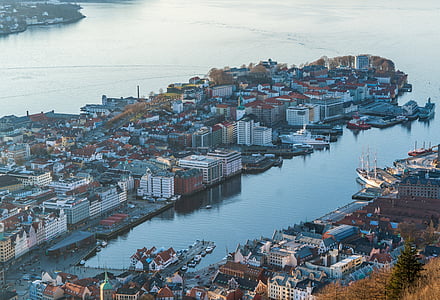 Bergen, Noruega, Vista elevada, Escandinávia, arquitetura, viagens, paisagem urbana