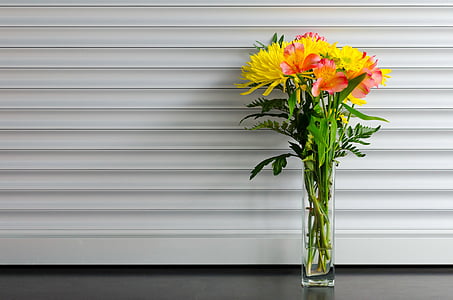 yellow, pink, flowers, clear, glass, vase, bouquet
