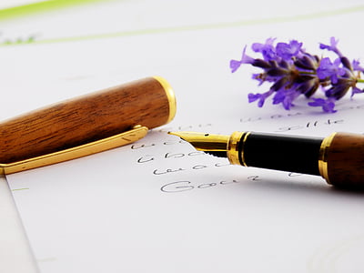desk, flowers, fountain pen, paper, pen, writing