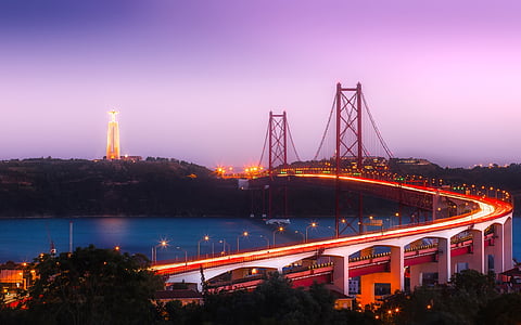 Lisbon, Portugal, Kota, perkotaan, Jembatan, matahari terbenam, senja