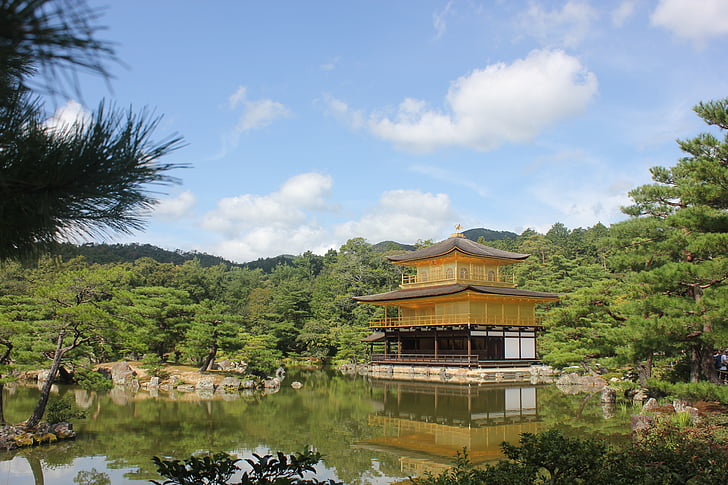 Kinkaku-ji, Rokuon-ji, templom, arany pavilon, kert, természet, Zen
