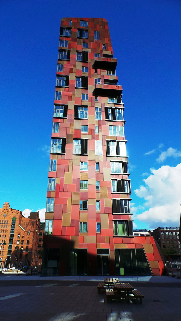 Debesskrāpis, Hamburg, ēka, liels, krāsains, mūsdienu, augsta
