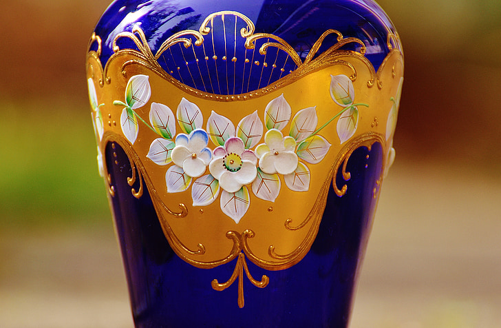 vase, blue, glass, ornament, flower, blossom, bloom