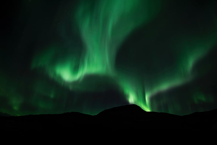 Aurora, zaļa, gaisma, atmosfēra, debesis, tumša, kalns