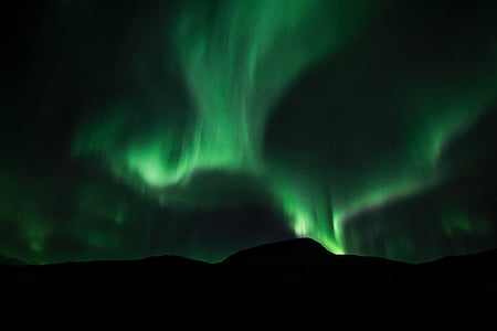 Aurora, verde, luce, atmosfera, cielo, scuro, montagna