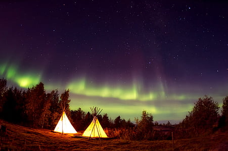 teepees, campament, Càmping, aurora boreal, llums del nord, bosc, arbres