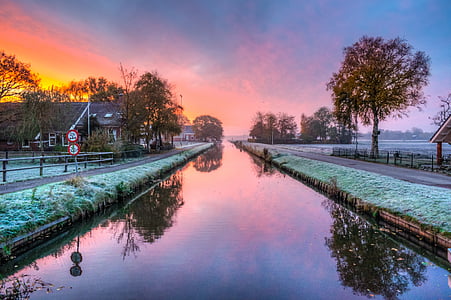 paisatge, HDR, verd, porpra, posta de sol, vermell, Països Baixos