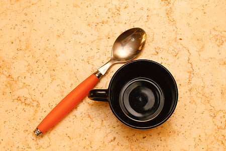 咖啡, 杯, 勺子, 早餐, 饮料, 颜色, 黑色