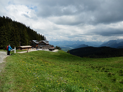 berg weide, Alpine wees, Wanderer, Alpenpanorama, hemel, wolken, Allgäu