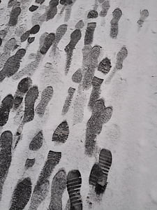 snow, footprints, black and white, minimalist