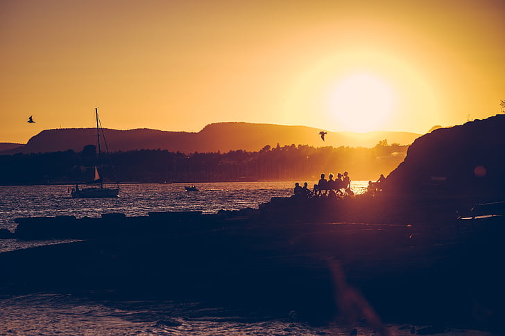 vela, vaixell, platja, posta de sol, capvespre, cel, sorra