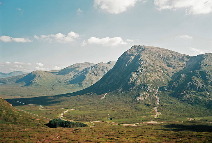 berg, gevuld, bomen, dag, tijd, wolk, landschap