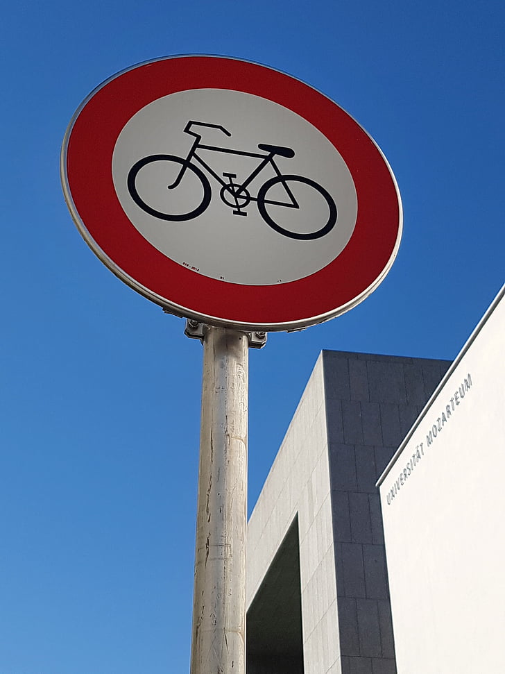 bike ban, traffic sign, street sign, road sign, sign, blue