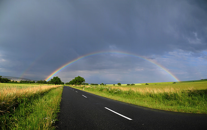path, rainbow, road, sky, landscape, horizon, clouds