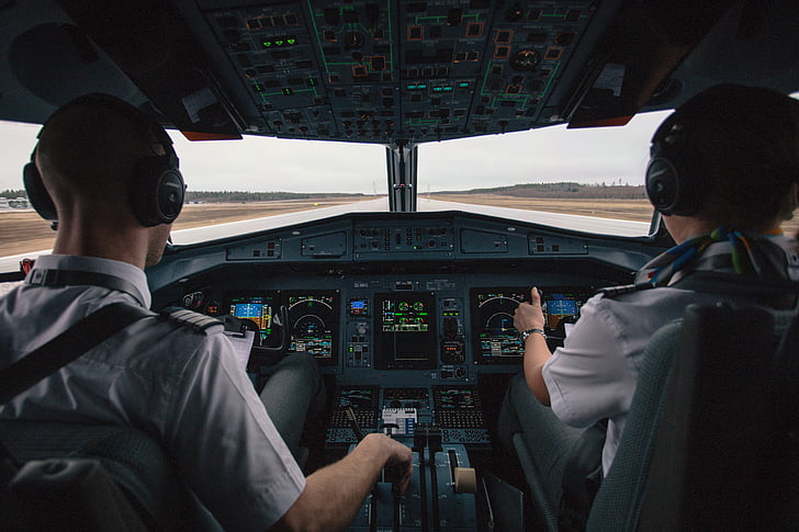 cockpit, piloot, mensen, mannen, vliegtuig, reizen, vervoer