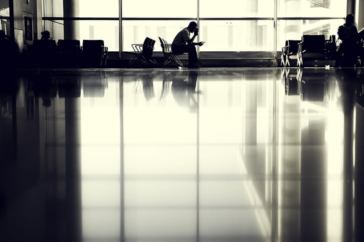 l'aeroport, persona, silueta, assegut, passatgers, terminal, transport