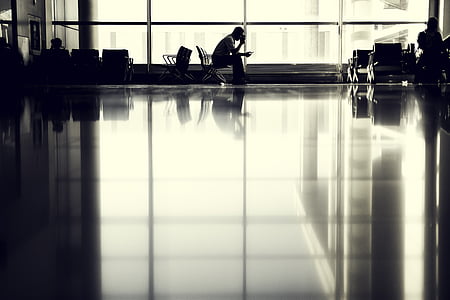 airport, person, silhouette, sitting, passengers, terminal, transportation
