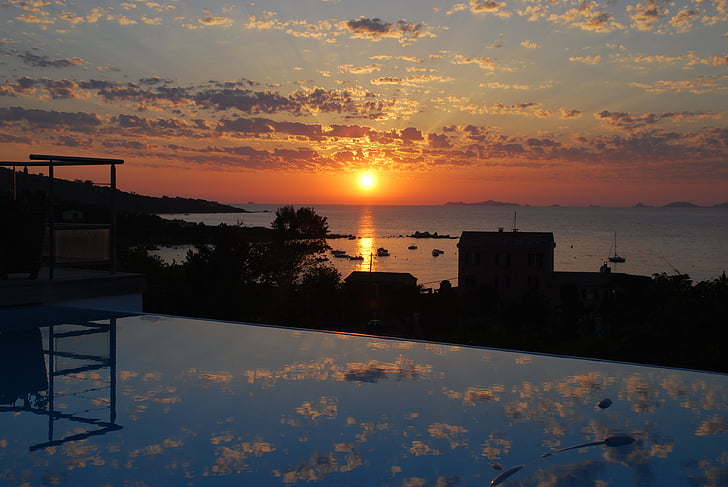 matahari terbenam, laut, abendstimmung, matahari, Corsica, mirroring, Kolam Renang