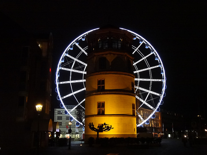 Düsseldorf, Rio Reno, humor, Reno, à noite, Torre, roda gigante