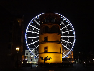 Düsseldorf, sông Rhine, tâm trạng, sông Rhine, đêm, tháp, Ferris wheel