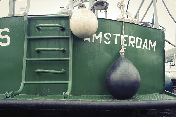 green, boat, two, buoys, fishing, amsterdam, ladder