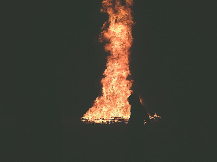 eld, Flame, Bonfire, mörka, natt, personer, kvinna