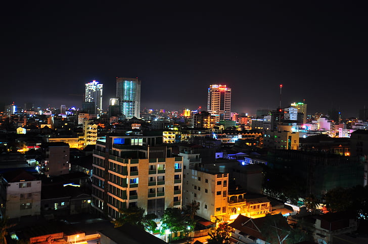 Kambodja, staden, Asia, Penh, Phnom, kvällen, Sky