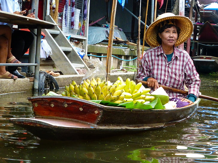 Thailand, Mjölbananer, marknaden, flytande, leverantör, båt, Asia