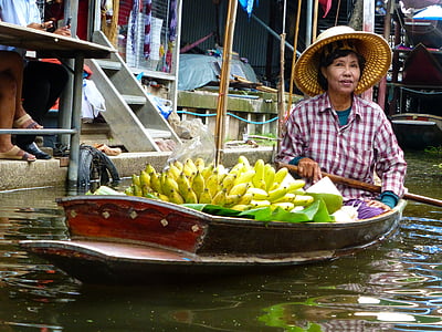thailand, plantains, market, floating, vendor, boat, asia