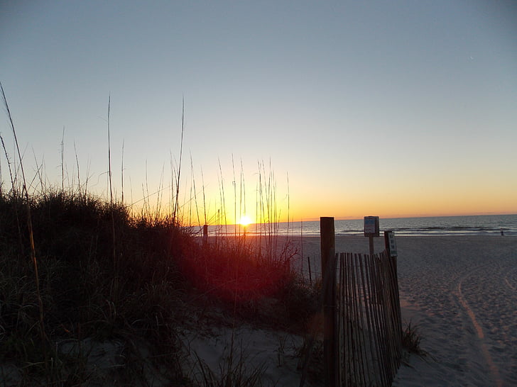 sunrise, beach, fence, ocean, nature, peaceful, tranquil