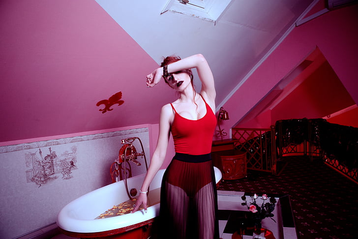 Dziewczyna, czerwony, łazienka, retro, modelu, Kobieta, postawy