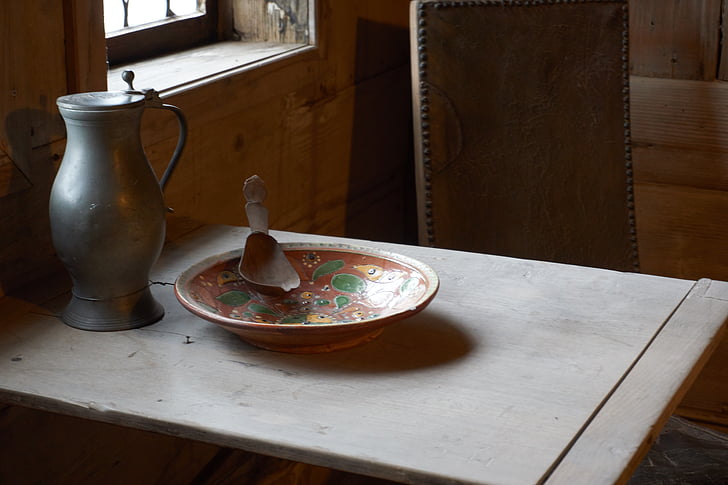 Medio Evo, posate, Krug, piastra, cucchiaio di legno, pranzo