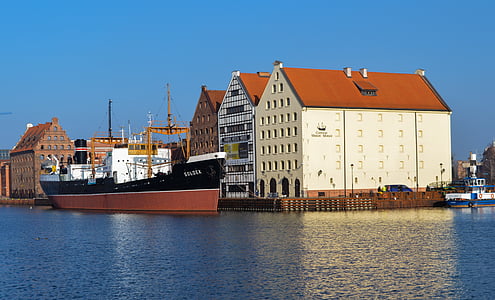 nave, Rio, Polônia, azul, água, transportes, Gdańsk