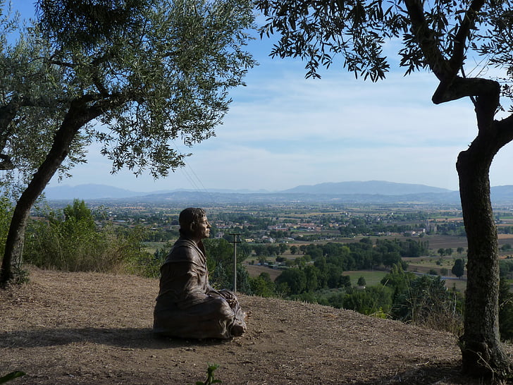 assisi, italy, statue, olive tree, landscape, view