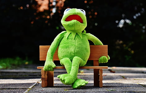 kermit, frog, bank, rest, sit, figure, funny