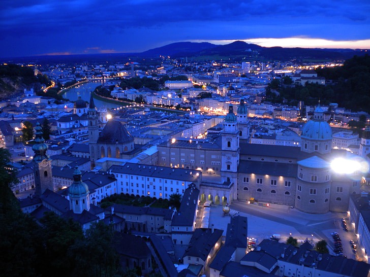 Salzburg, noć, Austrija, utvrda Hohensalzburg, Prikaz, zalazak sunca, grad