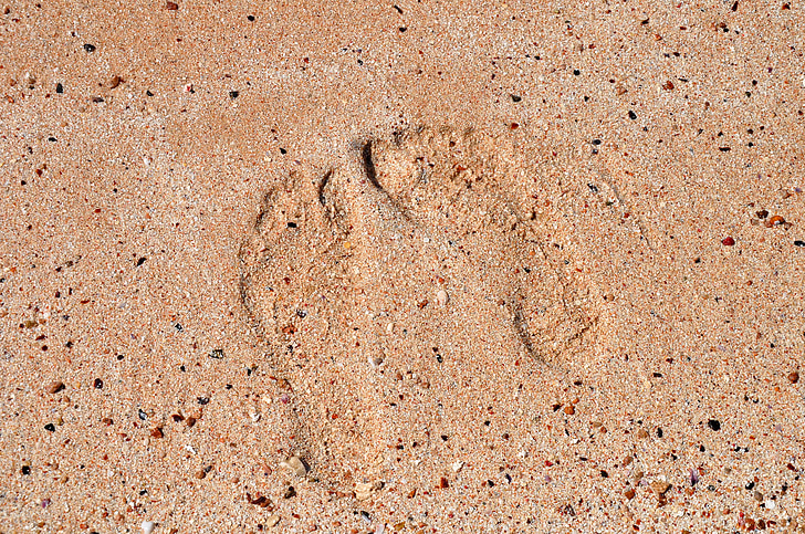 footprints, sand, beach, barefoot