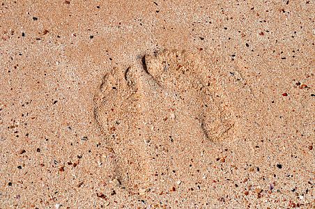 footprints, sand, beach, barefoot