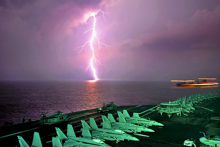 lightning, bolt, electricity, ocean, water, sea, ship