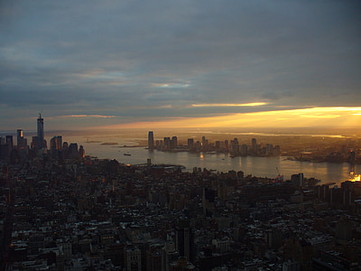 solnedgång, Manhattan, new york, arkitektur, Skyline, staden, stadsbild