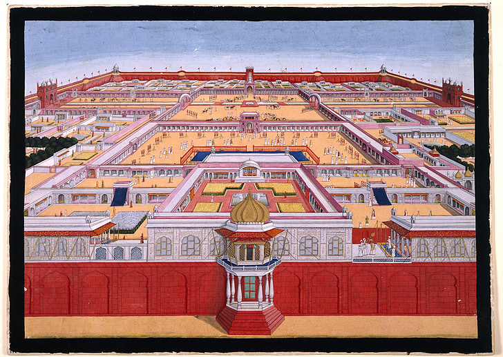 red fort, delhi, birds eye view, aerial view, india, painting, historic