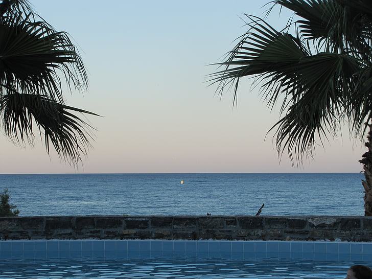 puesta de sol, Playa, mar, árboles de Palma, Creta