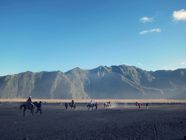 montañas, personas, caballos, montar a caballo, caminando, evento, desierto