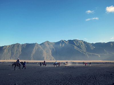 montanhas, pessoas, cavalos, equitação, caminhando, evento, deserto