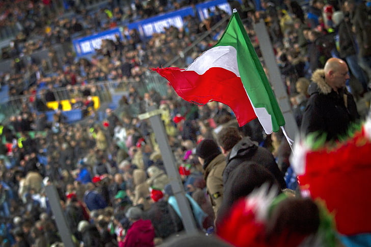 Italija, ventiliatoriai, minios, stadionas, Tribune, vėliava, trispalvė